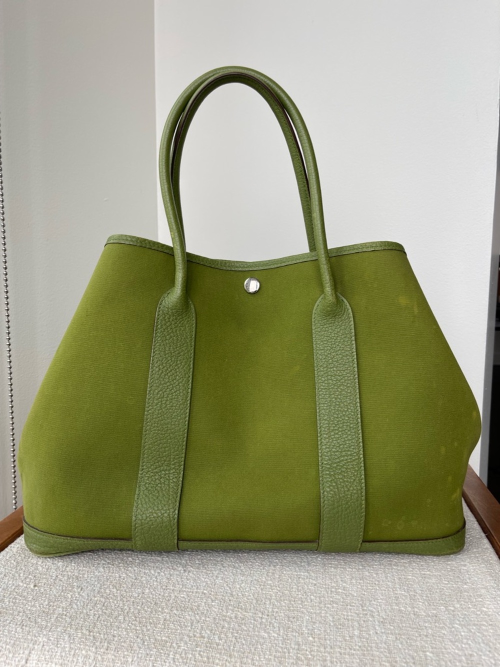 Auth Hermes Rare Olive Green Canvas Tote Bag with Leather Trim - Picture 2 of 12